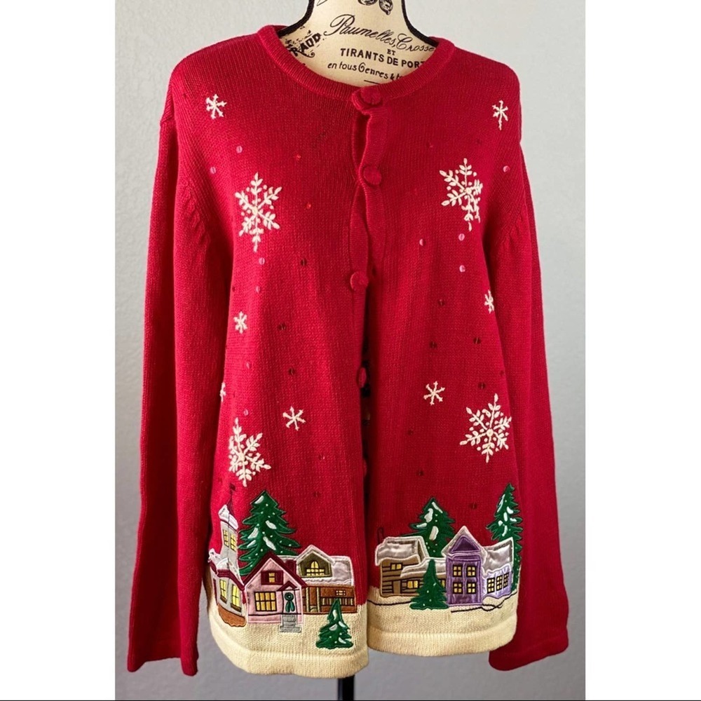 Holiday Editions Christmas Cardigan w/ Snowflakes & Town embroidery - size Large